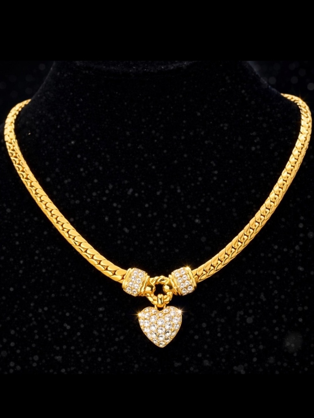 SWAROVSKI vintage Heart pave set Crystal gold Link chain statement necklace